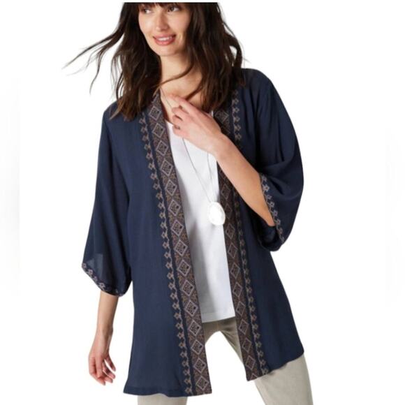 J Jill Embroidered Blue Kimono Cardigan Boho Coverup Aztec Lagenlook Cottage - Picture 6 of 7